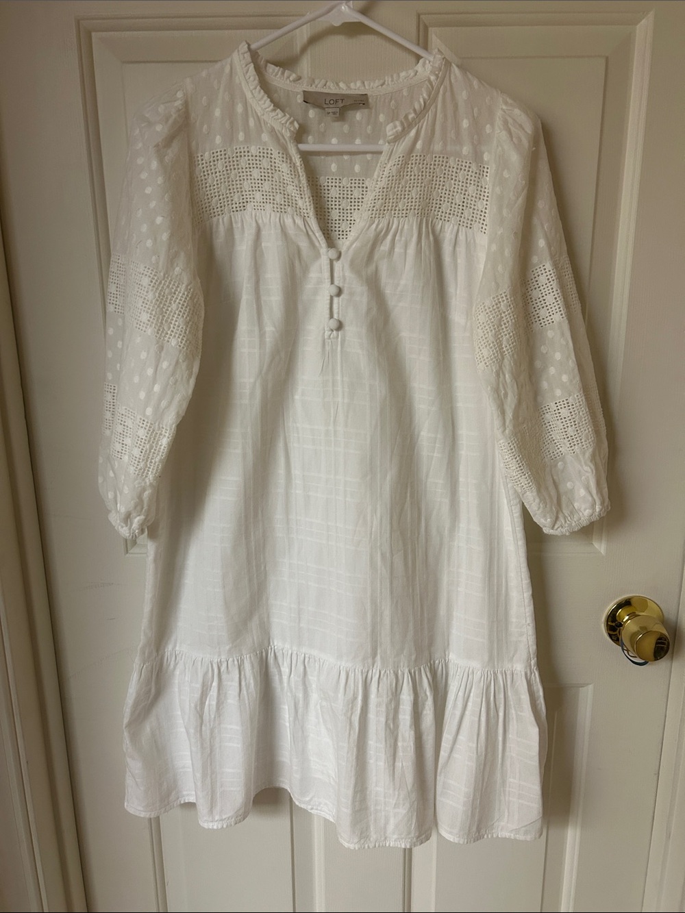 LOFT Cotton White Eyelet Tiered Popover Dress
